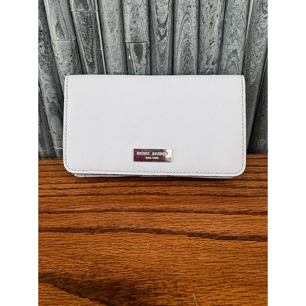 Henri Bendel Light Blue Saffiano Leather Bifold Wallet Striped Lining